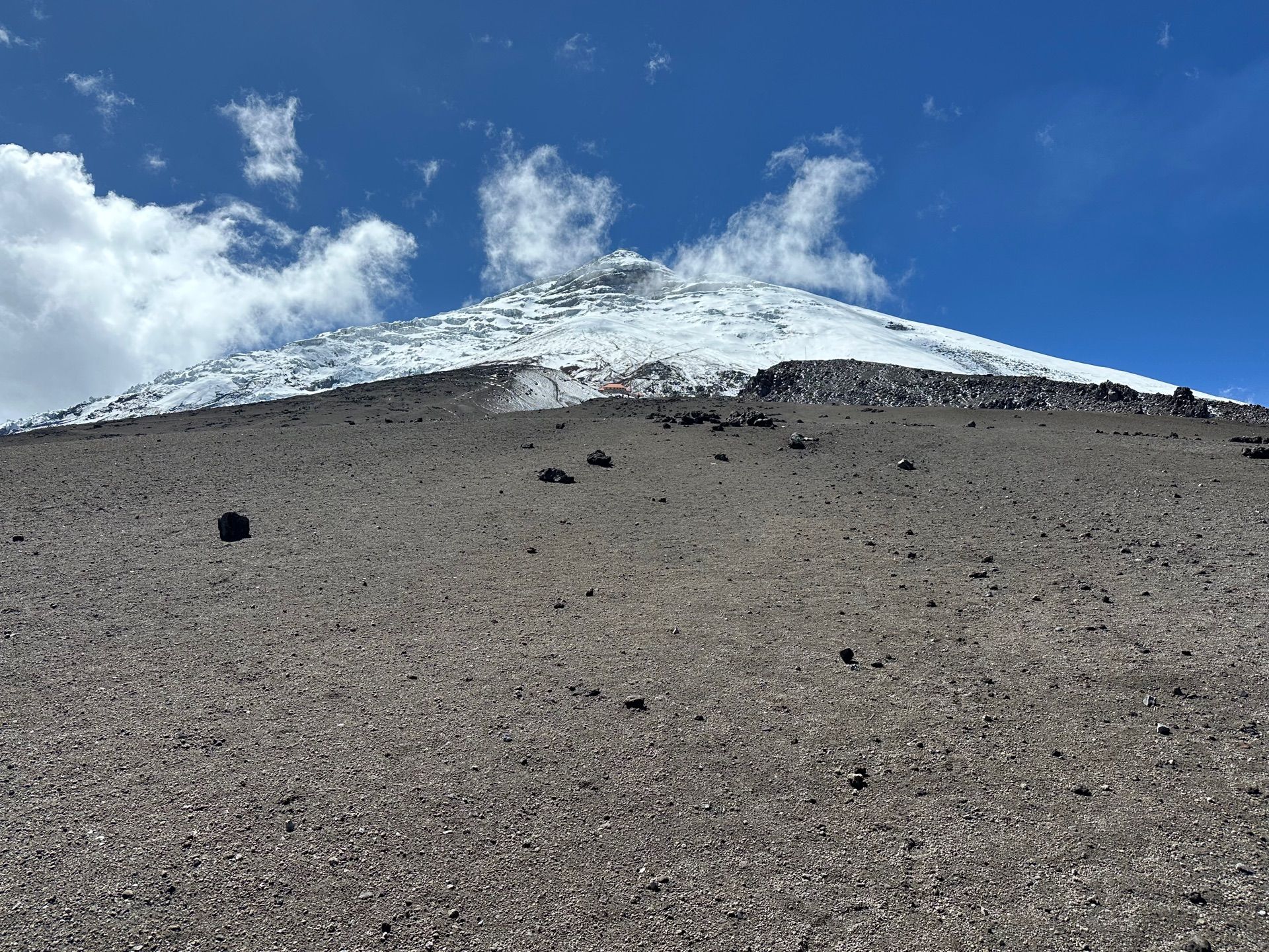 The upper slopes of Cotopaxi on a clear, calm day — volcanic sand leading up to the summit glacier